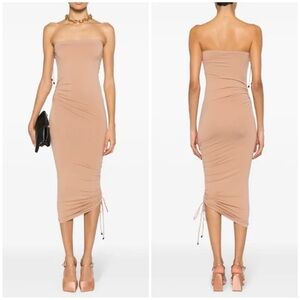 NWT Wolford Strapless Ruched Fatal Draping Dress Almond Beige Midi Bodycon Sz S